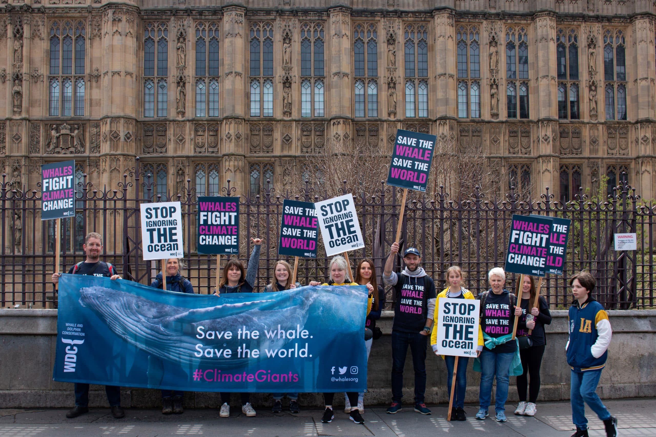 WDC team outside the Houses of Parliament with 'Save the whale. Save the world' and 'Stop ignoring the ocean' banners