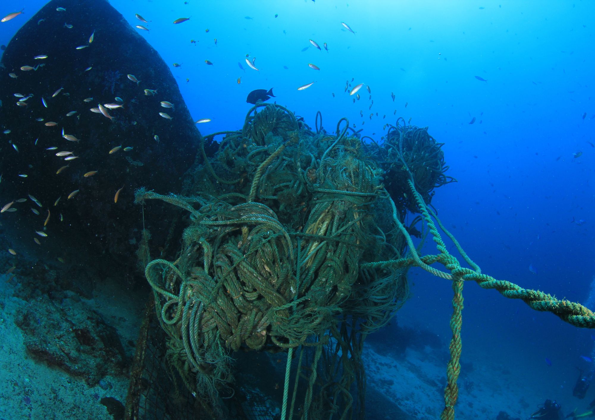 Boat propellor entangled in ghost gear